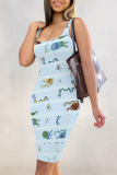 Blue Sexy Graffiti Print Stripe Contrast U Neck Printed Dresses
