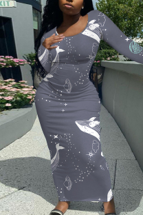 Gray Blue Casual Cartoon Print Contrast O Neck Printed Dresses