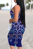 Navy Blue Sexy Geometric Print Contrast U Neck Printed Dresses