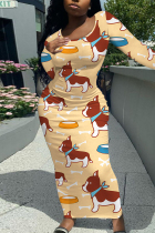 Beige Casual Cartoon Print Contrast O Neck Printed Dresses