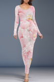 Grey Elegant Floral Print Contrast O Neck Printed Dresses