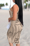 Light Blue Sexy Geometric Print Contrast U Neck Printed Dresses