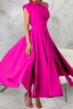Blue Casual Solid Color Slit Oblique Collar Long Dresses