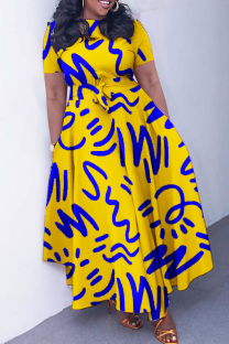 Yellow And Blue Casual Print Pocket Strap Design O Neck Irregular Dresses