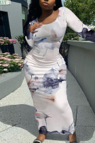 Grey Elegant Floral Print Contrast O Neck Printed Dresses