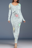 Beige Casual Cartoon Print Contrast O Neck Printed Dresses