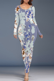 Grey Elegant Floral Print Contrast O Neck Printed Dresses
