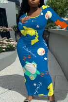 Blue Casual Cartoon Print Contrast O Neck Printed Dresses
