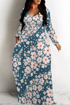 Navy Blue Casual Flowers Print Pocket Contrast O Neck Printed Dresses