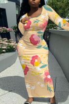 Light Yellow Elegant Floral Print Contrast O Neck Printed Dresses