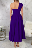 Blue Casual Solid Color Slit Oblique Collar Long Dresses