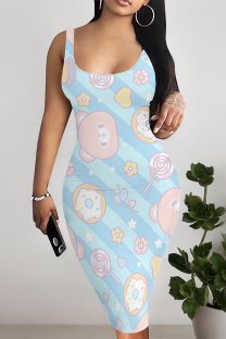 Blue Sexy Graffiti Print Stripe Contrast U Neck Printed Dresses