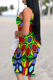 Navy Blue Sexy Geometric Print Contrast U Neck Printed Dresses