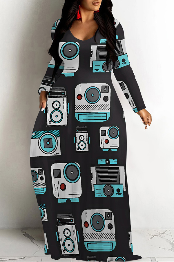 Black Casual Geometric Print Pocket Contrast O Neck Printed Dresses