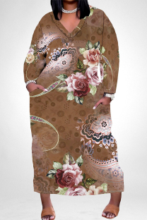 Brown Elegant Floral Print Pocket Contrast V Neck Printed Plus Size Dresses