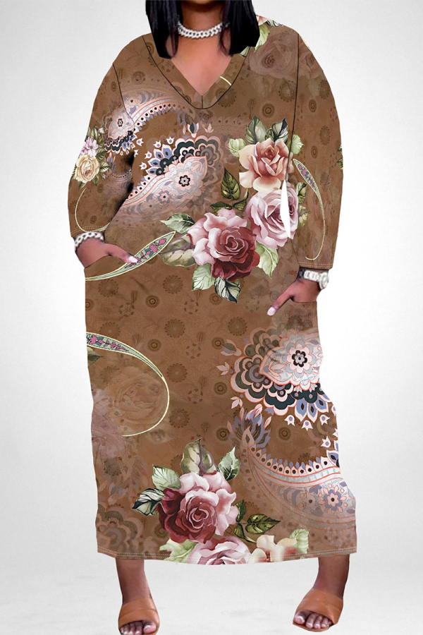 Brown Elegant Floral Print Pocket Contrast V Neck Printed Plus Size Dresses