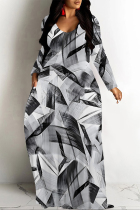 Black Gray Casual Geometric Print Pocket Contrast O Neck Printed Dresses