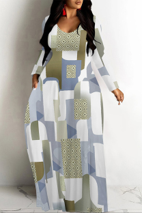 White Blue Casual Geometric Print Pocket Contrast O Neck Printed Dresses