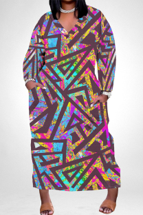 Multicolor Casual Floral Print Pocket Contrast V Neck Printed Plus Size Dresses