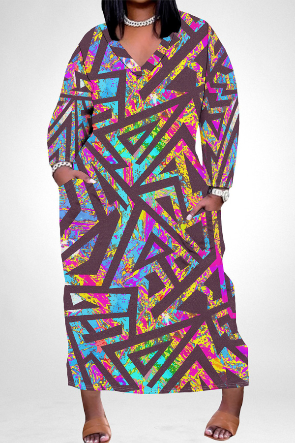 Multicolor Casual Floral Print Pocket Contrast V Neck Printed Plus Size Dresses