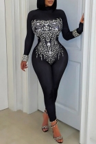 Black Sexy Nightclub Solid Color Hot Drill Turtleneck Skinny Jumpsuits