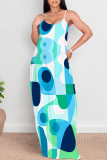 Turquoise Sexy Graffiti Print Pocket Contrast V Neck Printed Dresses