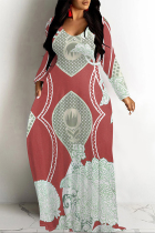 Red Casual National Totem Print Pocket Contrast O Neck Printed Dresses