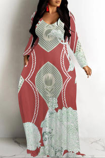 Red Casual National Totem Print Pocket Contrast O Neck Printed Dresses