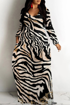 Zebra Casual Zebra Print Snakeskin Print Pocket Contrast O Neck Printed Dresses