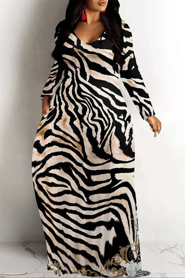 Zebra Casual Zebra Print Snakeskin Print Pocket Contrast O Neck Printed Dresses