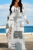 Black Gray Casual Geometric Print Pocket Contrast O Neck Printed Dresses