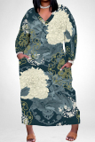 Pink Casual Floral Print Pocket Contrast V Neck Printed Plus Size Dresses