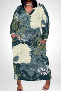Navy Blue Casual Floral Print Pocket Contrast V Neck Printed Plus Size Dresses
