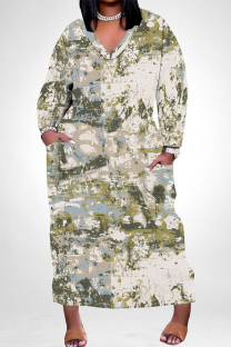 Gray Green Casual Floral Print Pocket Contrast V Neck Printed Plus Size Dresses