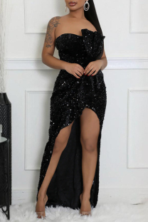 Black Sexy Party Formal Solid Color Sequins Slit Irregular Strapless Long Dresses