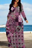 Lake Blue Casual National Totem Print Pocket Contrast O Neck Printed Dresses