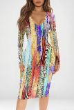 White Red Elegant Graffiti Print Contrast V Neck Printed Dresses