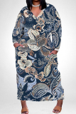 White Elegant Floral Print Pocket Contrast V Neck Printed Plus Size Dresses