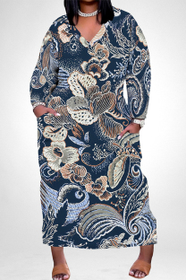 Tibetan Blue Elegant Floral Print Pocket Contrast V Neck Printed Plus Size Dresses