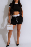 White Casual Sportswear Daily Patchwork Contrast O Neck Short Sleeve Two Pieces