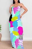 Turquoise Sexy Graffiti Print Pocket Contrast V Neck Printed Dresses