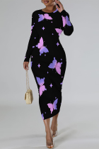 Purple Elegant Graffiti Print Butterfly Contrast O Neck Printed Dresses