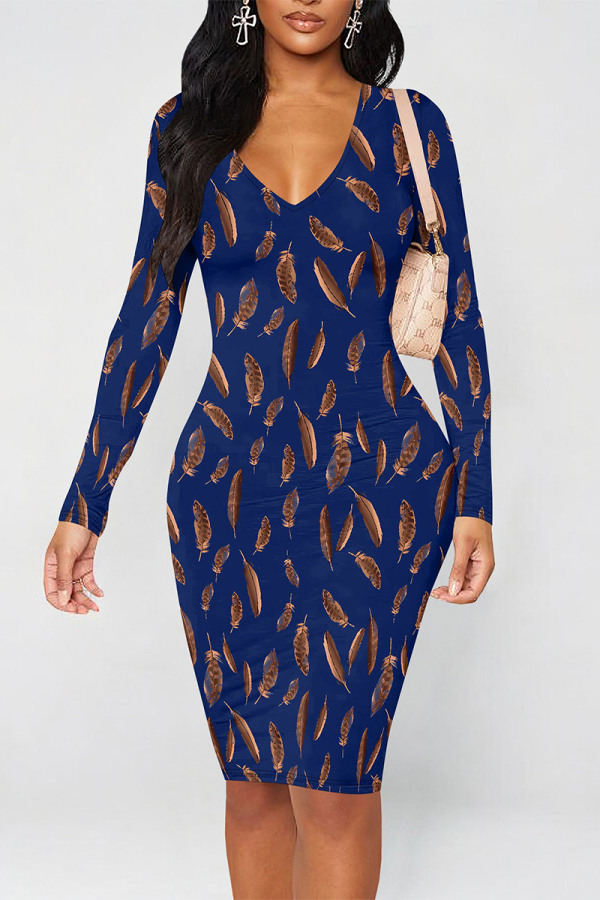 Tibetan Blue Elegant Graffiti Print Contrast V Neck Printed Dresses