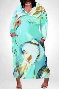 Lake Green Elegant Floral Print Pocket Contrast V Neck Printed Plus Size Dresses