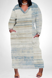 Gray Blue Casual Floral Print Pocket Contrast V Neck Printed Plus Size Dresses