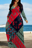 Lake Blue Casual National Totem Print Pocket Contrast O Neck Printed Dresses