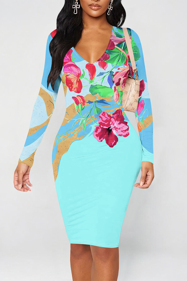 Lake Blue Elegant Graffiti Print Contrast V Neck Printed Dresses