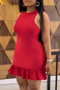 Red Sexy Casual Solid Color Ruffle Hem O Neck Wrapped Skirt Dresses