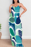 Turquoise Sexy Graffiti Print Pocket Contrast V Neck Printed Dresses
