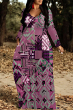 Lake Blue Casual National Totem Print Pocket Contrast O Neck Printed Dresses